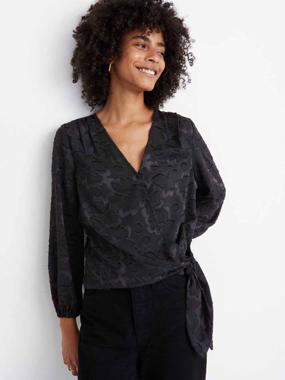 Madewell Black Floral Jacquard Wrap Top Small Side Tie Textured Blouse Snap Chic